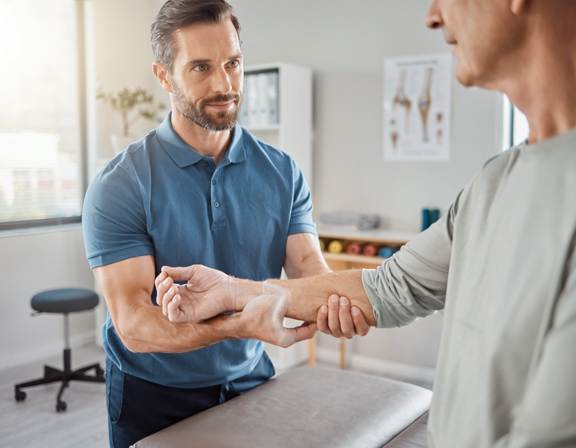 Physical therapist examining a patient's wrist and forearm for arthritis