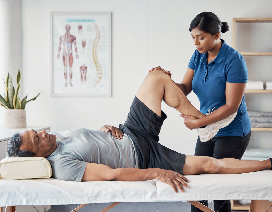 Physical therapist treating a patient with sciatica leg pain